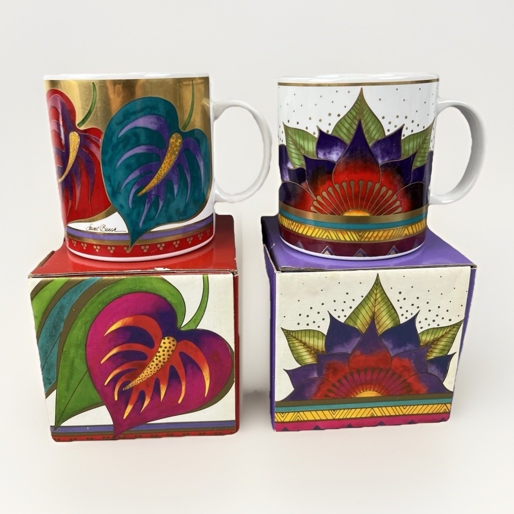 2 VTG Laurel Burch Coffee Mug 90's Anthurium & Celestial Lotus Tropical Floral